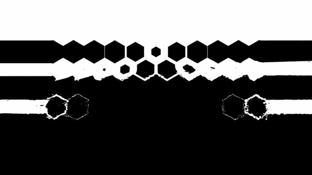 Modern black and white glitch hexagon luma matte transitions with distorted honeycomb pattern wipes for cyberpunk video edits and sci-fi cuts.