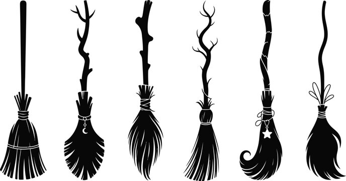 witch broom silhouettes, magic flying besoms and Halloween design
