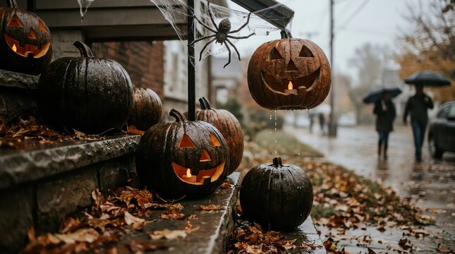 Jack-o'-lanterns on wet porch steps in the rain on Halloween