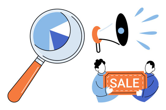 Magnifying glass with pie chart, megaphone, and people holding a sale sign vector illustration. Business analysis, marketing strategy, consumer research, retail promotion, discount, advertising. Data