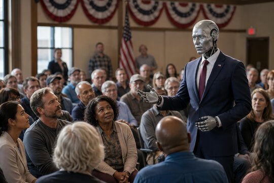 Friendly humanoid robot politician engaging citizens at a small American town hall meeting, illustrating AI leadership, civic dialogue, public service, democracy, and future government