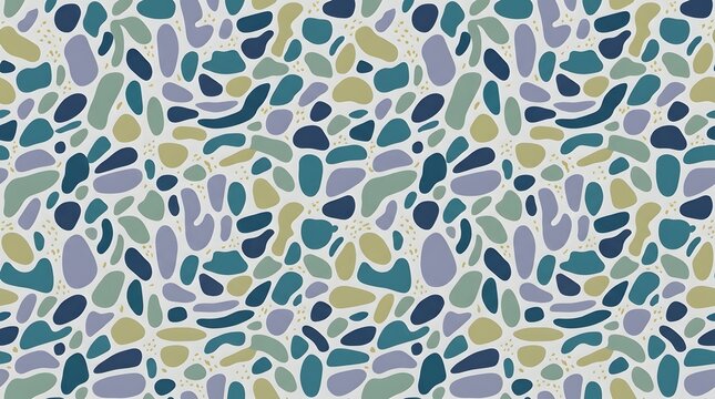 Delicate pebble pattern made of small organic shapes in muted blue, teal, green, cream, and warm neutral colors.