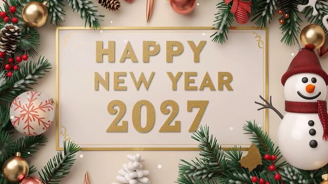 A 3D snowman waves cheerfully as the message &ldquo;Happy New Year  2027&rdquo; appears, creating a festive and joyful celebration video.