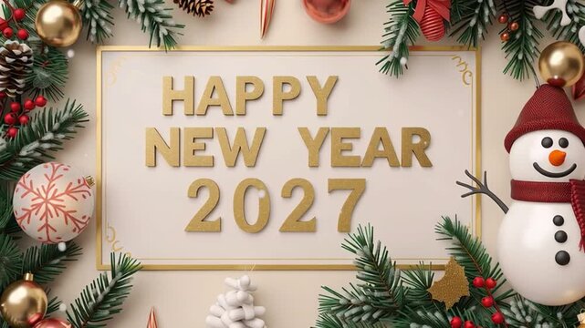 A 3D snowman waves cheerfully as the message &ldquo;Happy New Year  2027&rdquo; appears, creating a festive and joyful celebration video.