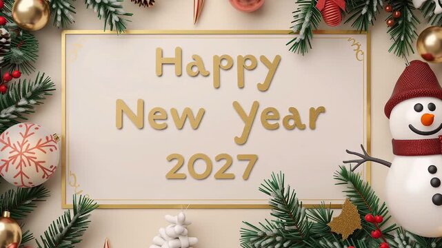 A 3D snowman waves cheerfully as the message &ldquo;Happy New Year  2027&rdquo; appears, creating a festive and joyful celebration video.