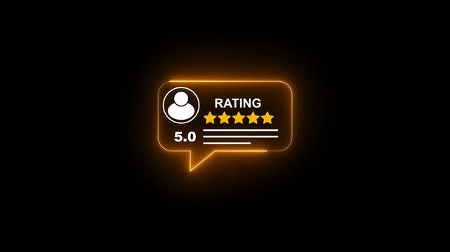 Neon 5-star customer rating notification animation on black background, review feedback customer satisfaction