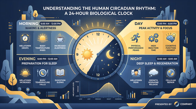 Circadian rhythm infographic explains the 24 hour human biological clock cycle.