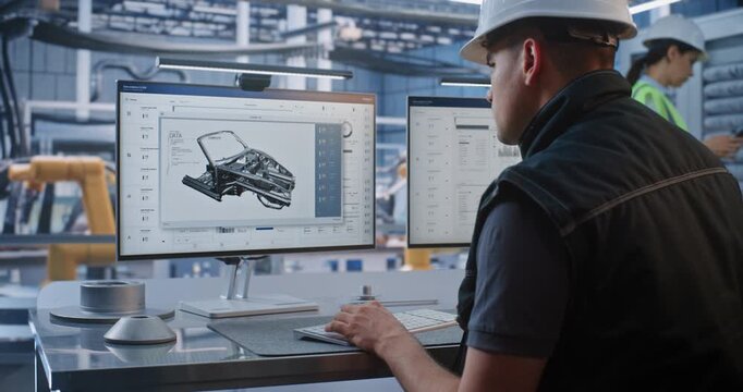 Technician Controls Robotic Arm Factory Operations Using CAD Software and Analytics on Monitor. Industry 4.0 Technology Drives Efficiency in Modern Automated Vehicle Assembly. AI Manufacturing.