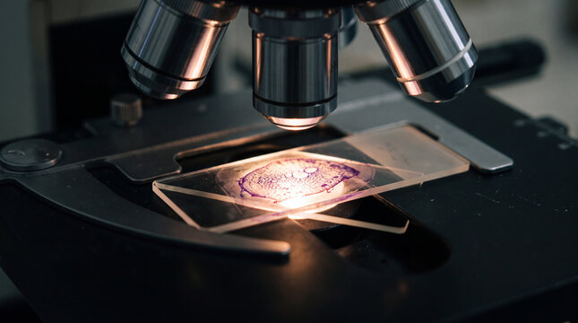 Macro shot of a glass microscope slide on a stage, transillumination from below glowing through a stained tissue sample