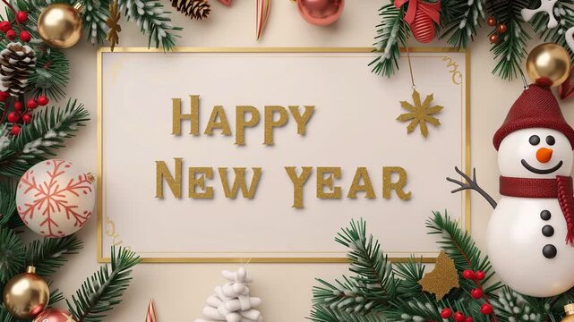 A 3D snowman waves cheerfully as the message &ldquo;Happy New Year &rdquo; appears, creating a festive and joyful celebration video.
