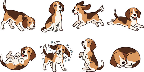 Obraz premium Cute cartoon beagle puppy character set in different playful poses isolated vector illustration for children book design