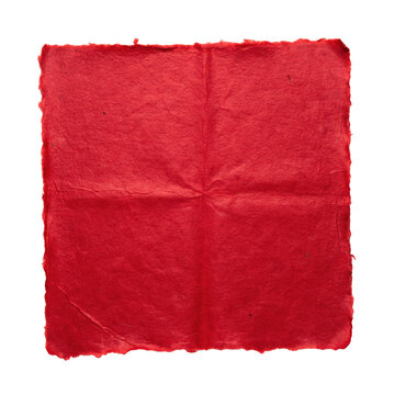 Square sheet of handmade red paper with rough deckled edges and visible fiber texture isolated on a transparent background