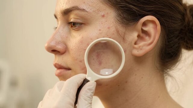 Close up side view of a dermatologist wearing medical gloves examining a young womans acne prone facial skin with a handheld magnifying glass during a professional skin assessment