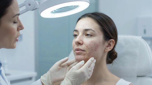 Dermatologist wearing medical gloves examines a young womans acne prone facial skin under a magnifying lamp during a professional skincare consultation in a clinical setting