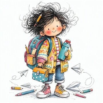 Doodle School Kid Carrying A Lunchbox And Thermos