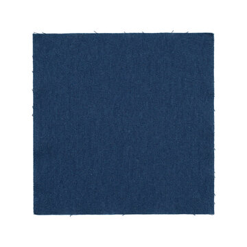 Square swatch of dark blue denim fabric with visible woven texture and frayed edges isolated on a transparent background