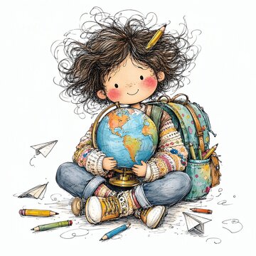 Doodle Kid Sitting Cross-Legged With A World Globe