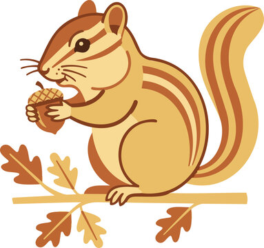 Cute chipmunk holding an acorn on a branch vector illustration
