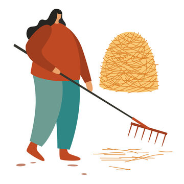 Woman farmer using a rake beside a haystack and scattered straw. Flat illustration suitable for farming, harvest, rural life, agriculture and seasonal designs.