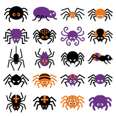 Fototapeta premium Halloween Cute cartoon spider collection. Halloween arachnids. Purple and orange monsters. Spooky bugs illustration. Children's book characters. Spiders set. Arachnid icons. Holiday design