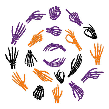 Halloween Colorful skeleton hand collection. Halloween vector set of skeleton arm signs and bone gestures in black, orange, and purple for spooky party decorations isolated on White Background
