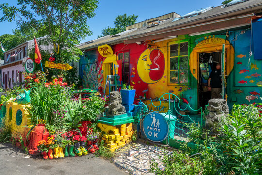 Art shop in a colorful house in Freetown Christiania in Copenhagen, Denmark