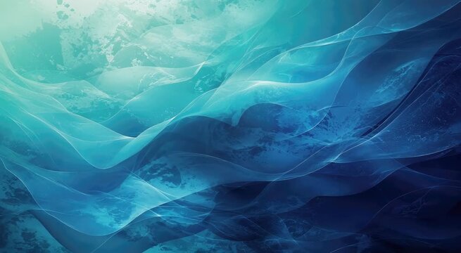 Abstract flowing blue and teal waves with translucent layered ribbons, gradient oceanic textures and luminous depth, serene modern background