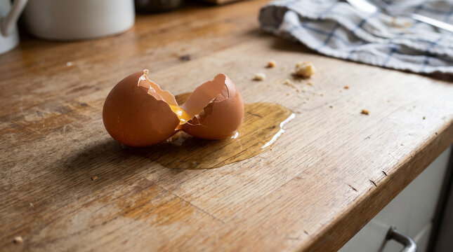 Cracked eggshell with spilled raw egg yolk and egg white on wooden kitchen table with copy space