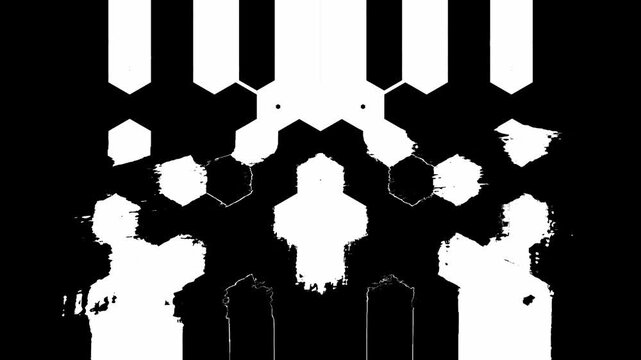 Modern black and white glitch hexagon luma matte transitions with distorted honeycomb pattern wipes for cyberpunk video edits and sci-fi cuts.