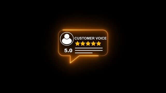 Glowing neon customer voice speech bubble with 5-star rating animation for business feedback and online reviews