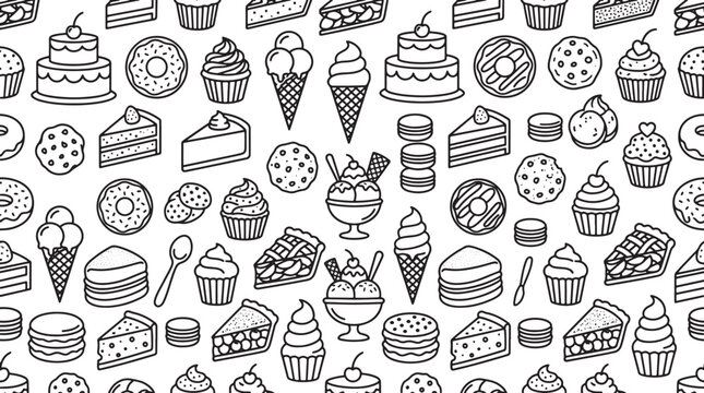 Seamless pattern of hand drawn desserts including cakes cupcakes ice cream and cookies in black and white