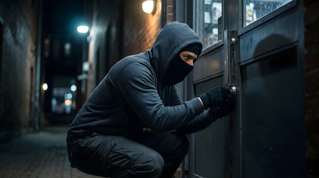 A thief is trying to break into a shop door