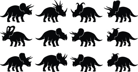 Obraz premium Triceratops Dinosaur Silhouettes Collection Featuring Ten Distinct Prehistoric Animals in Black Vector Style