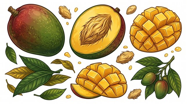 Colorful Vector Freshly Cut Mango with Green Leaves Isolated on White Background