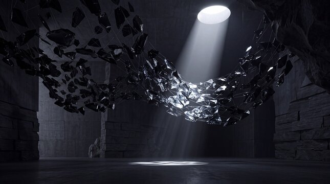 Floating Crystal Art Installation in Dark Concrete Room with Spotlight