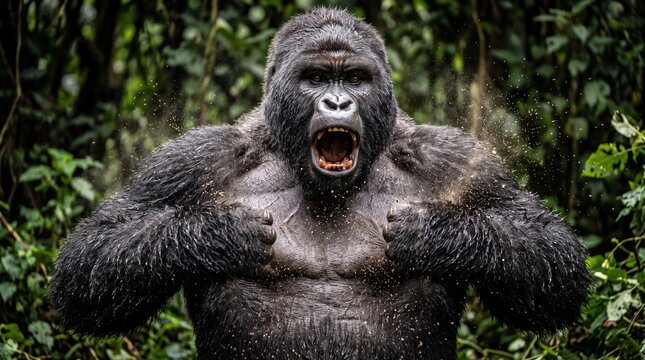Aggressive Silverback Gorilla Roaring and Beating Chest in Jungle