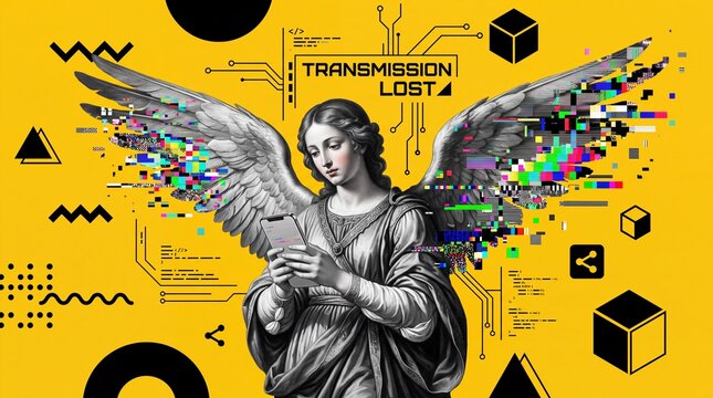 Angel Holding Smartphone with Glitch Art Collage