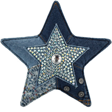 Star shaped patch made of blue denim fabric decorated with rhinestones and metal rivets isolated on a transparent background