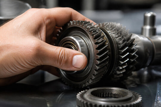 A hand is holding and manipulating a set of metal gears on a workbench or machine.