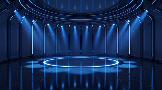 Futuristic Sci-Fi Studio Stage with Blue Spotlights and Neon Ring