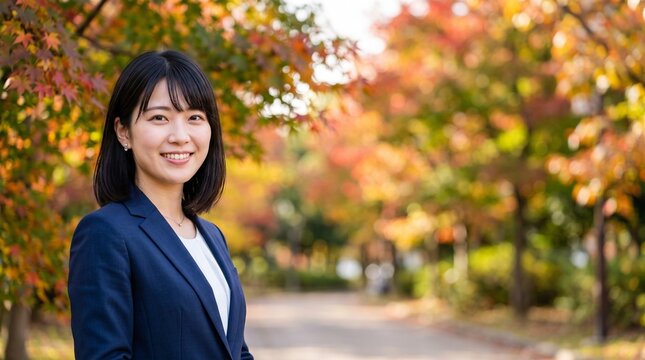 プロフィール写真をイメージした、秋の紅葉を背にして穏やかな笑顔をカメラに向けている、知的な印象の20代日本人女性社員のバストアップポートレート