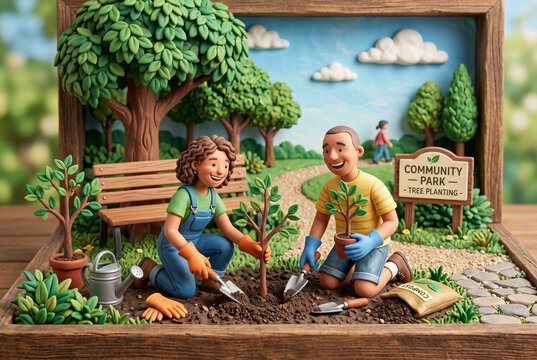 Volunteers Planting Trees in Community Park Clay Diorama