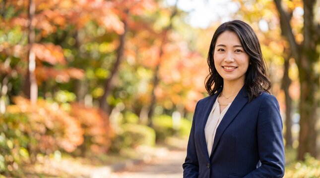プロフィール写真をイメージした、秋の紅葉を背にして穏やかな笑顔をカメラに向けている、知的な印象の20代日本人女性社員のバストアップポートレート
