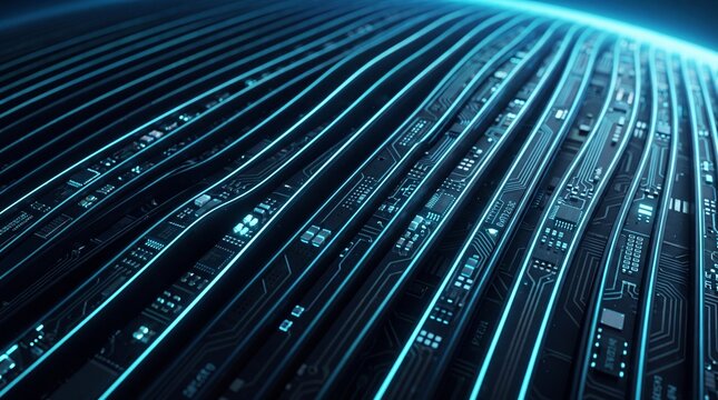 Futuristic Electronic Circuit Board with Glowing Blue Data Lines
