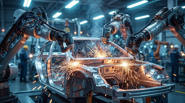 Automated Robotic Arms Welding Car Body on Assembly Line