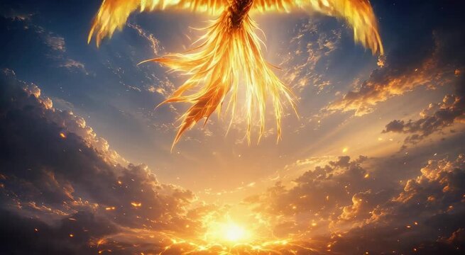 Radiant golden phoenix rising from flames with outstretched wings against a fiery sunrise sky