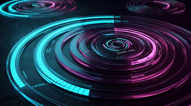 Futuristic Cyber Security HUD Interface with Glowing Neon Data Rings