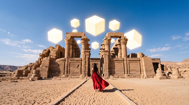 Woman Walking Towards Ancient Temple with Floating Glowing Cubes