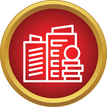 City buildings and stacked coins forming a financial or real estate concept icon