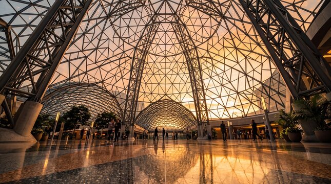 Modern Glass Dome Atrium Interior at Sunset